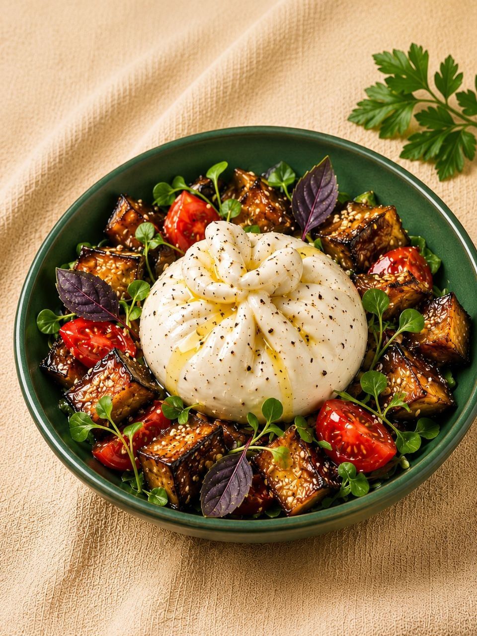 Салат с хрустящим баклажаном и сыром Буррата 